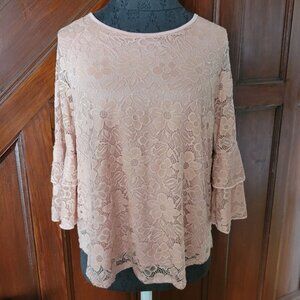 WOMEN'S RUE JUJU PINK FLORAL LACE PRINT 3/4 SLEEVE BLOUSE SIZE PL
